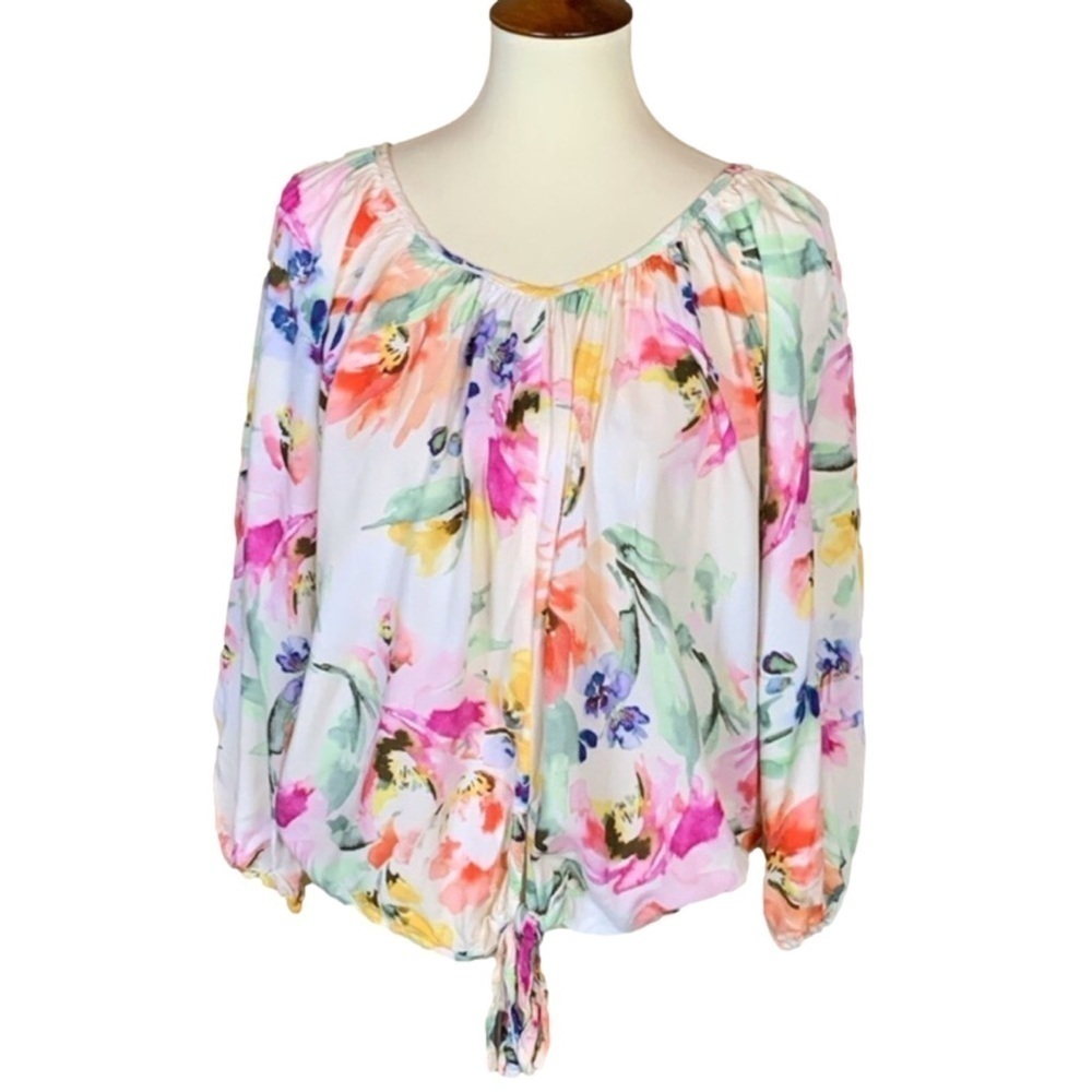 Plum Pretty Sugar watercolor floral print tie front blouse Size Small